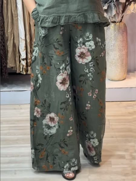 

Floral Casual Pants, Green, Pants