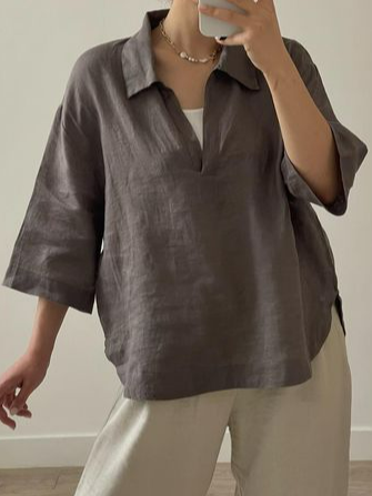 

Shawl Collar Casual Plain Loose Shirt, Cameo brown, Blouses & Shirts