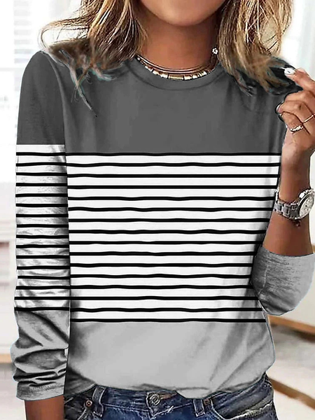 

Casual Striped Crew Neck Long Sleeve T-shirt, Gray, T-shirts