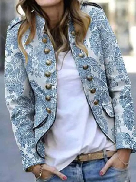 

Women's Floral Regular Loose Jacket, Blue, Outerwear