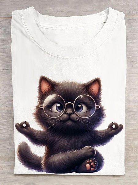 

Casual Cat Crew Neck Short Sleeve T-shirt, White, T-shirts