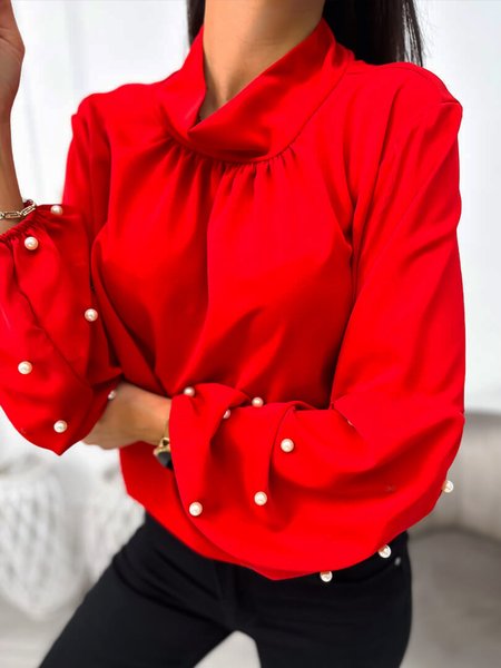 

Urban Plain Stand Collar Beaded Long Sleeve Blouse, Red, Blouses and Shirts