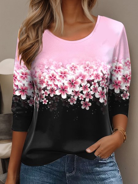 

Women's Long Sleeve Tee T-shirt Spring/Fall Floral Cotton Crew Neck Daily Going Out Casual Top Black, T-Shirts