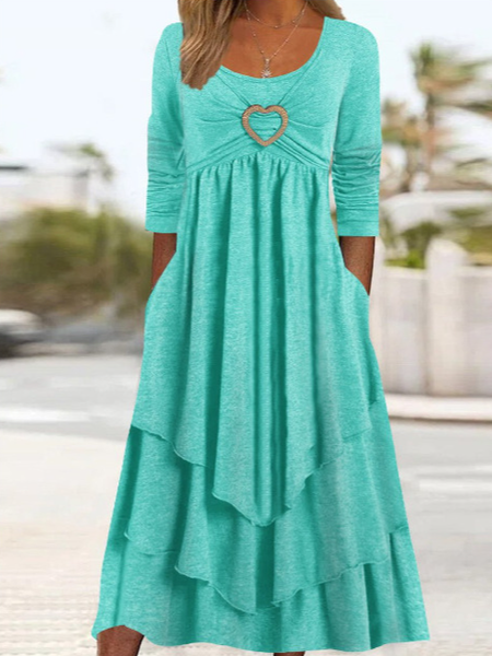 

Women Geometric Crew Neck Long Sleeve Comfy Casual Buckle Maxi Dress, Aqua, Maxi