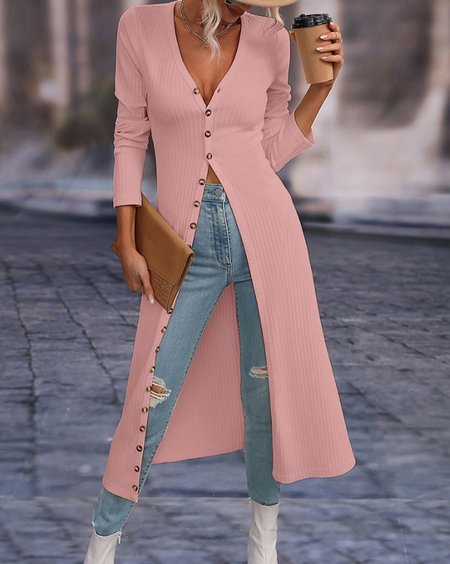 Women's Plain Zipper Regular Loose Jacket, Pink, Cardigans
