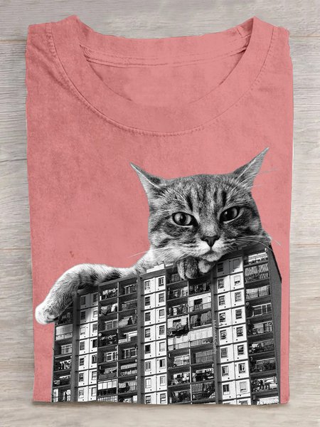 

Casual Cat Crew Neck Short Sleeve T-shirt, Orange pink, T-shirts