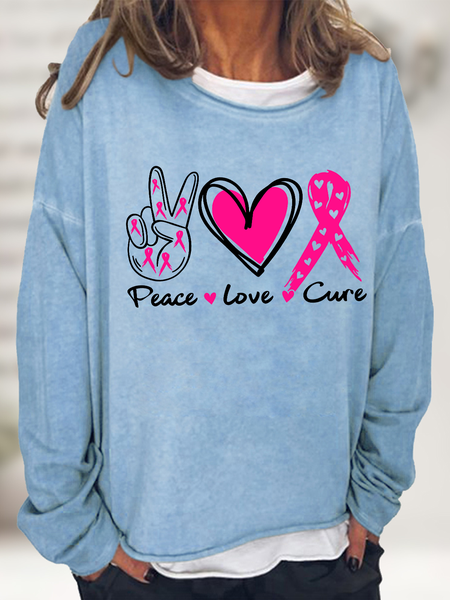 

Peace Love Cure Breast Cancer Cotton-Blend Casual Loose Sweatshirt, Light blue, Hoodies&Sweatshirts