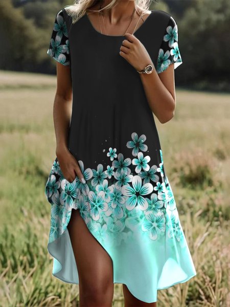 

Women's Short Sleeve Summer Floral Dress Crew Neck Daily Going Out Casual Midi H-Line T-Shirt Dress Black, Casual Dresses