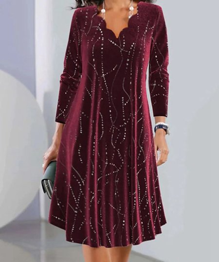 

Women Geometric V Neck Long Sleeve Comfy Casual Buckle Maxi Dress, Red, Midi