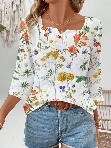 

Women's Three Quarter Sleeve Blouse Spring/Fall Floral Notched Daily Going Out Casual Top White, Blouses