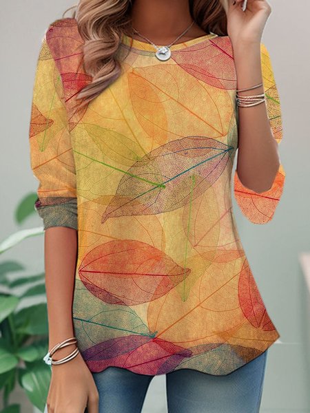 

Casual Leaf Print Crew Neck Long Sleeve T-shirt, Yellow, T-shirts