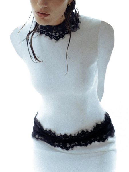 

Plain Elegant Lace Edge Long Sleeve T-Shirt, White, Tees