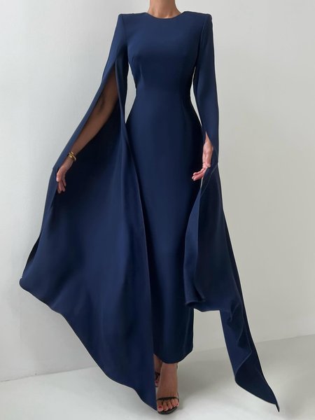 

Regular Fit Elegant Plain Crew Neck Split Sleeves Dress, Deep blue, Maxi Dresses