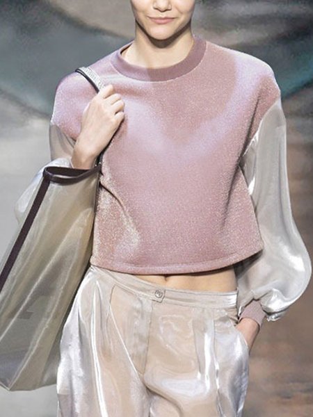 

Balloon Sleeve Color Block Urban Crew Neck Sweatshirt, Pink, Hoodies and Sweatshirts