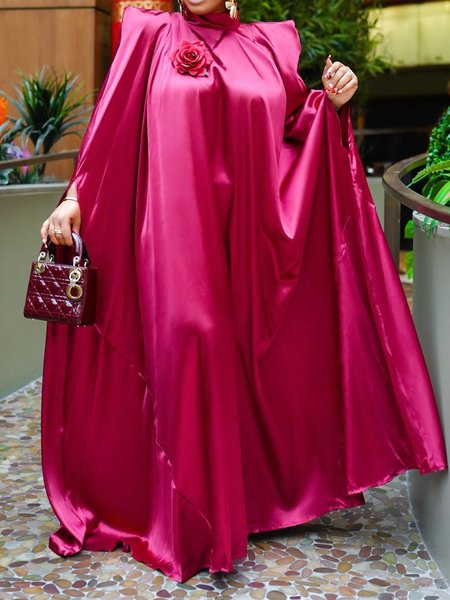 

Elegant Loose Stand Collar Party Maxi Dress With Brooch, Deep pink, Maxi Dresses