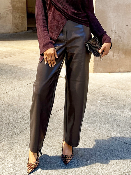 

Pu Micro-Elasticity Regular Fit Urban Faux Leather Long Pants Straight pants, Wine red, Pants