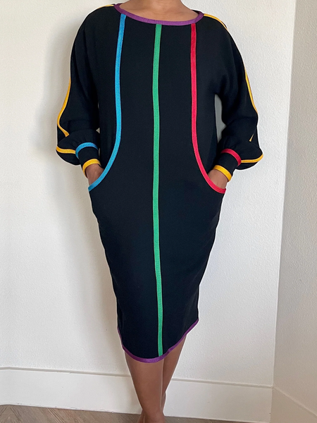 

Loose Color Block Urban Raglan Sleeves Crew Neck Long Sleeve Loose Midi Dress, Black, Midi Dresses