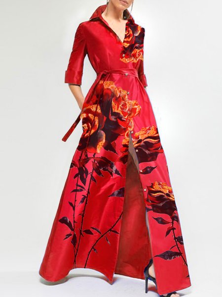 

Shawl Collar Regular Sleeve Urban Floral Regular Fit Shirt Dress With Belt, Red, Maxi Dresses