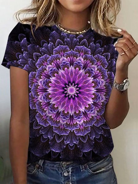 

Women's Short Sleeve Tee T-shirt Summer Floral Printing Knitted Crew Neck Daily Going Out Casual Top Purple, T-Shirts