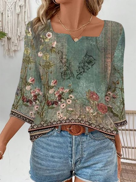Notched Three Quarter Sleeve Ethnic Regular Loose Blouse For Women, Green, Blouses