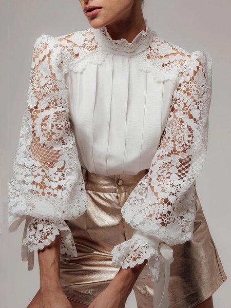 

Plain Long Sleeve Urban Regular Fit Blouse, White, Blouses and Shirts