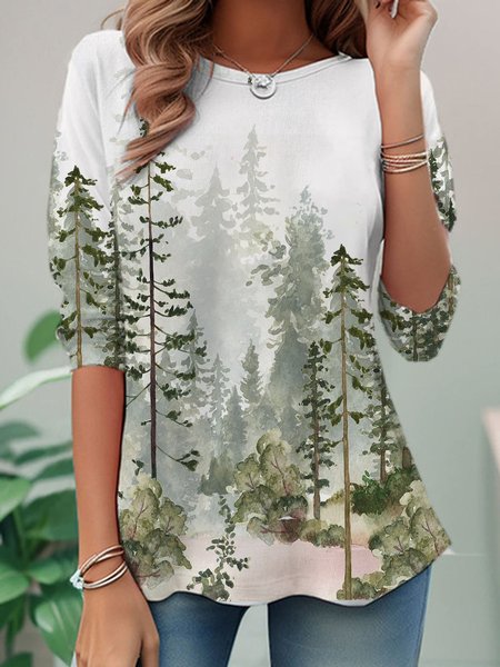 

Casual Tree Crew Neck Long Sleeve T-shirt, Green, T-shirts