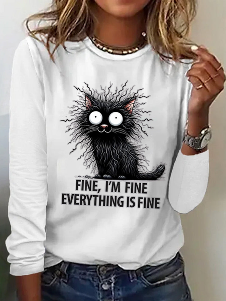 Casual Animal Crew Neck Long Sleeve T-shirt, White, T-shirts
