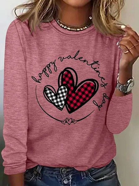 

Casual Heart/Cordate Crew Neck Long Sleeve T-shirt, Pink, T-shirts