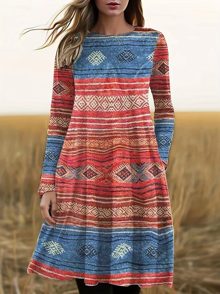 

Women Ethnic V Neck Long Sleeve Comfy Casual Buckle Maxi Dress, As picture, Midi