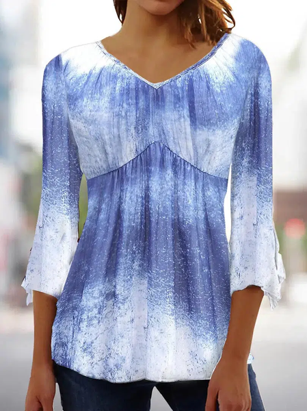 

Women's Three Quarter Sleeve Blouse Spring/Fall Ombre Jersey V Neck Bell Sleeve Daily Going Out Casual Top Blue, Shirts & Blouses