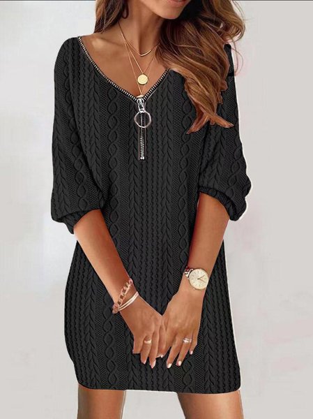 

Women Plain Half Open Collar Long Sleeve Comfy Casual Jacquard Mini Dress, Black, Sweashirt Dress