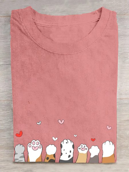 

Casual Cat Crew Neck Short Sleeve T-shirt, Orange pink, T-shirts