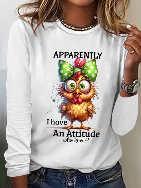 

Casual Animal Crew Neck Long Sleeve T-shirt, White, T-shirts