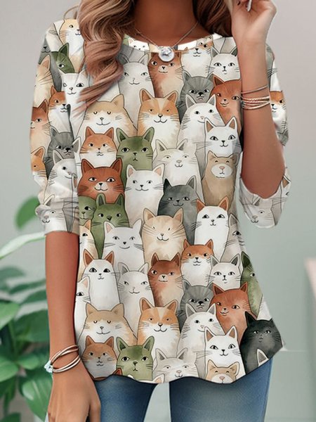 

Casual Animal Crew Neck Long Sleeve T-shirt, Multicolor, T-shirts