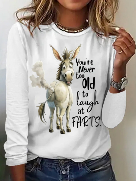 

Casual Animal Crew Neck Long Sleeve T-shirt, White, T-shirts