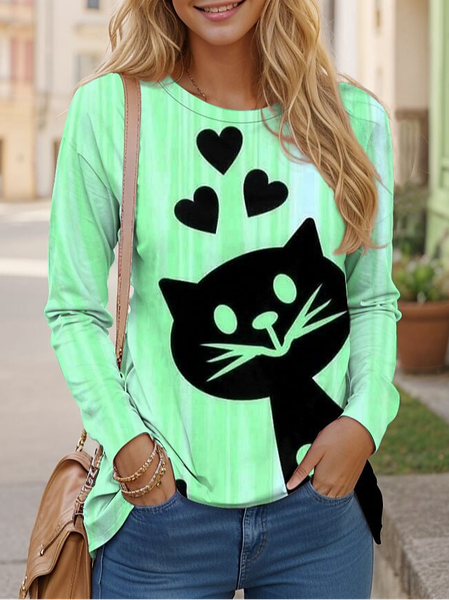 

Casual Cat Crew Neck Long Sleeve T-shirt, Green, T-shirts
