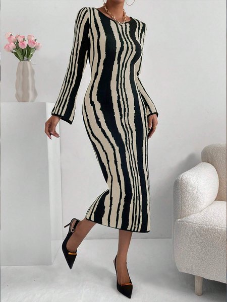 Striped Regular Fit Elegant Long Sleeve Sweater Dress, As picture, Midi Dresses