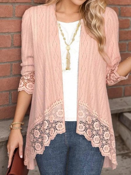 

Lace Edge Loose Wrap Casual Kimono, Pink, Outerwear