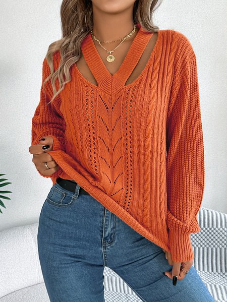 

Women Yarn/Wool Yarn Plain Long Sleeve Comfy Casual Sweater, Orange, Sweaters