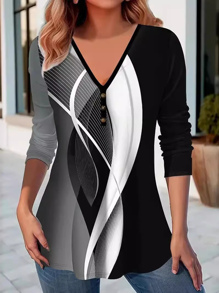 

Casual Geometric V Neck Long Sleeve T-shirt, Black, T-shirts
