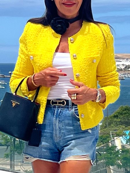 

Buttoned Crew Neck Urban Plain Jacket, Yellow, Jackets