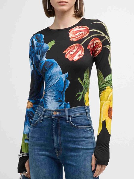 

Daily Floral Regular Fit Casual Crew Neck T-Shirt, As picture, Tees