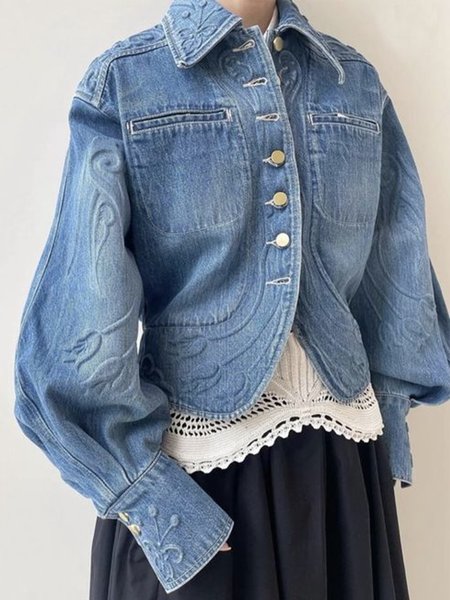 

Balloon Sleeve Shawl Collar Urban Pocket Stitching Denim Coat, Blue, Jackets