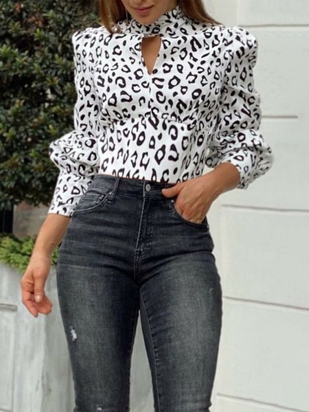 

Printing Leopard Urban Balloon Sleeve Regular Fit Blouse, Black-white, Blouses and Shirts