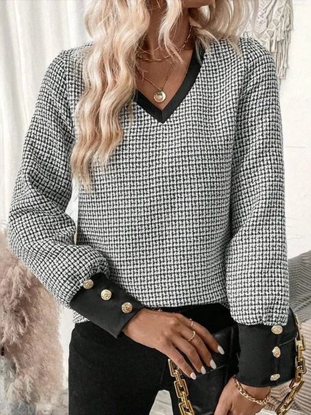 V Neck Long Sleeve Plaid Lace Regular Regular Fit Blouse For Women, Black, Blouses