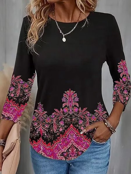 

Casual Ethnic Crew Neck Three Quarter Sleeve T-shirt, Deep pink, T-shirts