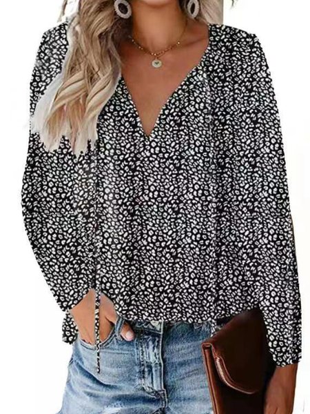 

Women's Long Sleeve Blouse Spring/Fall Ditsy Floral V Neck Daily Going Out Casual Top, Black, Shirts