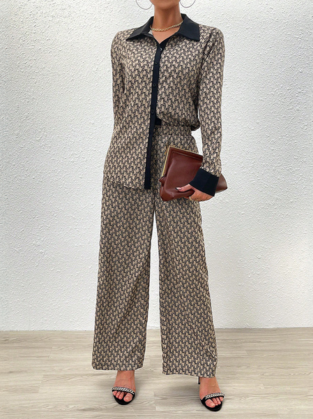 

Women Geometric Shirt Collar Long Sleeve Comfy Casual Top With Pants Two-Piece Set, Coffee, Sets