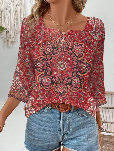 

Notched Bell Sleeve Three Quarter Sleeve Ethnic Regular Loose Blouse For Women, Red, Blouses