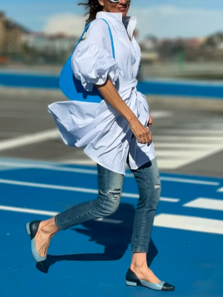 

Balloon Sleeve Plain Shirt Collar Urban Buttoned Shirt, White, Blouses and Shirts